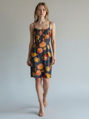 ANTHROPOLOGIE Maeve Silk Blue Floral Mini Dress Coral Buttons 6 Sundress Sun